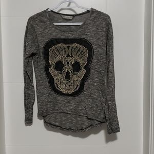 Grey long sleeve top with embroidered skull front